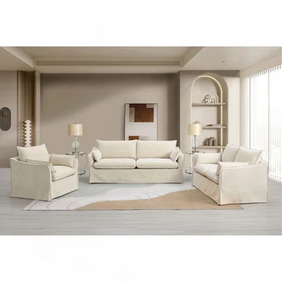 Shane Beige Linen 3Pcs Living Room Set (Sofa, Loveseat, Chair) | Wayfair North America