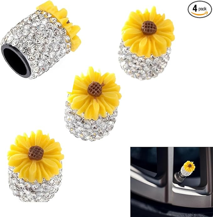 4 PCS Bling Tire Valve Stem Caps, Shiny Rhinestone Flower Car Air Valve Cover, Rubber Wear-Resist... | Amazon (US)