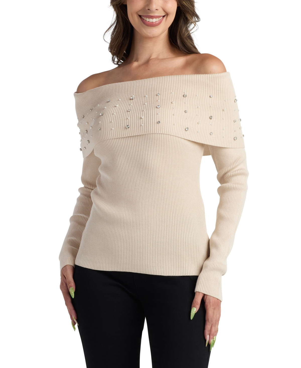 Bcx Juniors' Off-The-Shoulder Pull-On Sweater - Beige | Macy's
