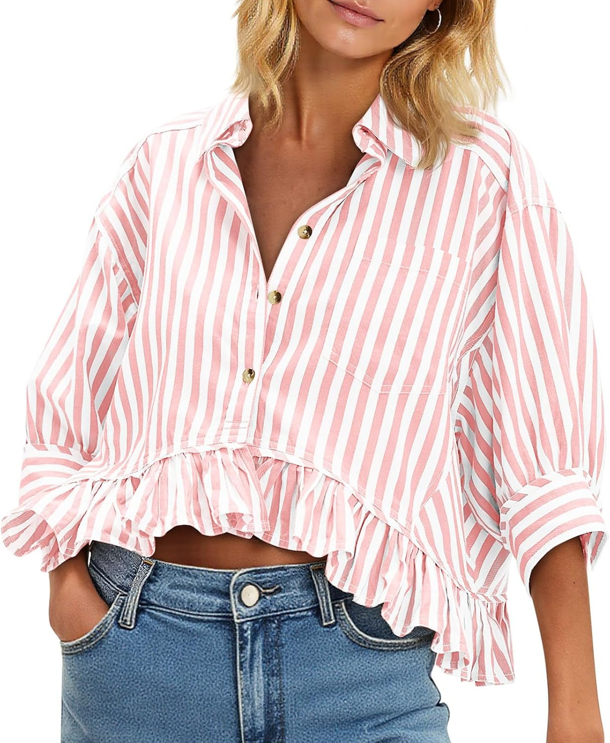 Cicy Bell Womens Cropped Striped Button Down Shirts Ruffle 3/4 Length Tops | Amazon (US)