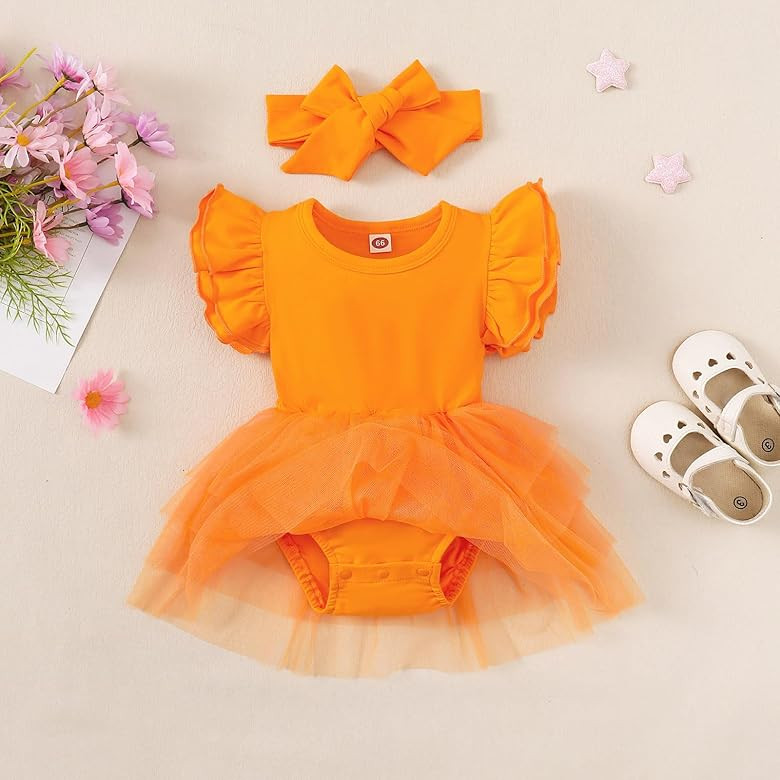 Baby Girl Clothes Infant Ruffle Sleeve Romper Dress Newborn Solid Tutu Skirt Sets Jumpsuit Headba... | Amazon (US)