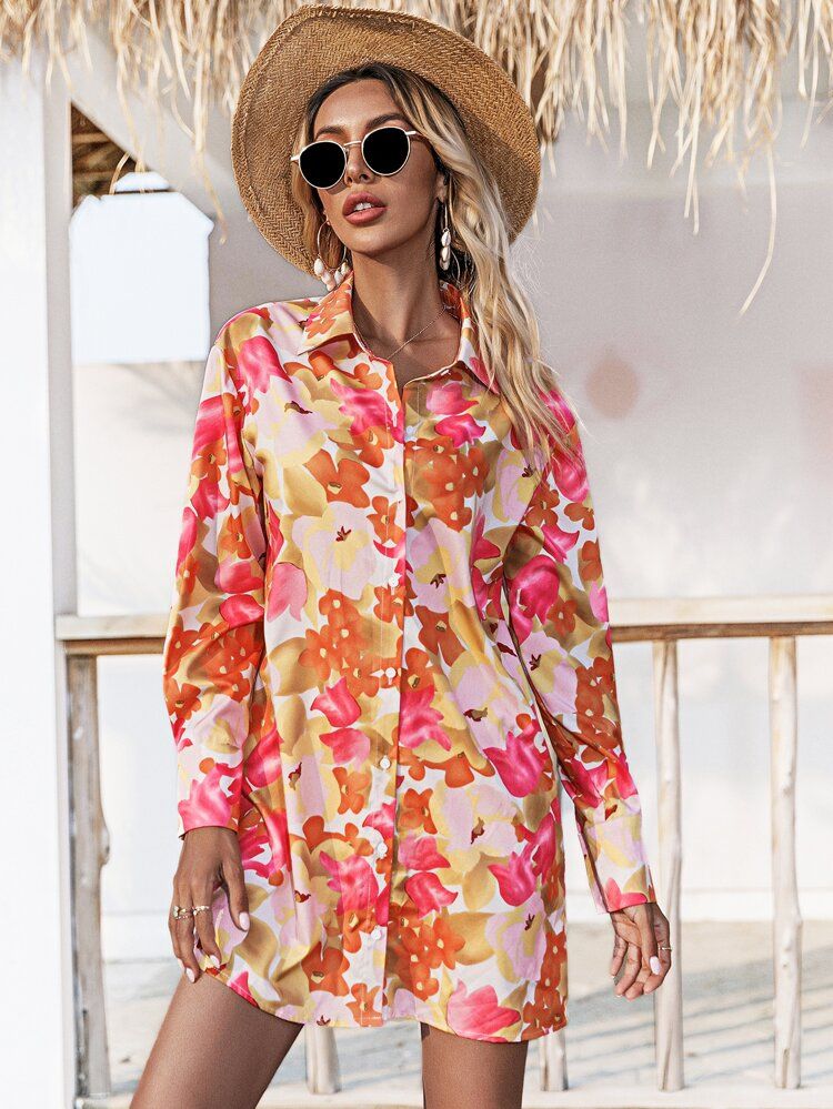 Floral Button Up Shirt Dress | SHEIN