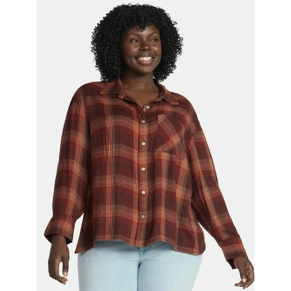 Terra & Sky Women's Plus Plaid Button Front Shirt, Sizes 0X-5X | Walmart (US)