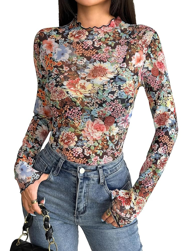 Zeagoo Womens Mesh Long Sleeve Tops Mock Neck Going Out See Through Shirts Sexy Sheer Blouses Clu... | Amazon (US)