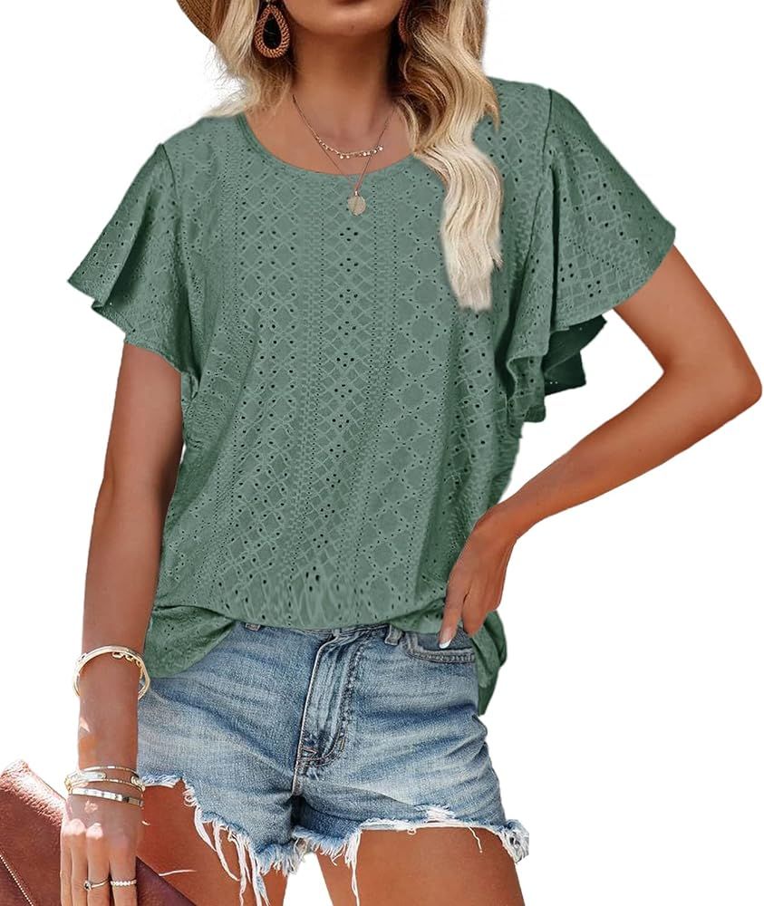 WIHOLL Womens Tshirts Loose Fit Crew Neck Ruffle Sleeve Summer Casual Tops | Amazon (US)