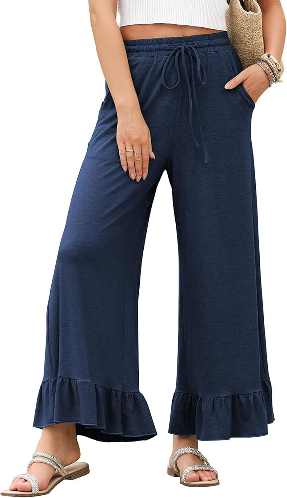 EVALESS Womens Wide Leg Pants Drawstring Elastic High Waisted Ruffle Hem Palazzo Pants with Pocke... | Amazon (US)