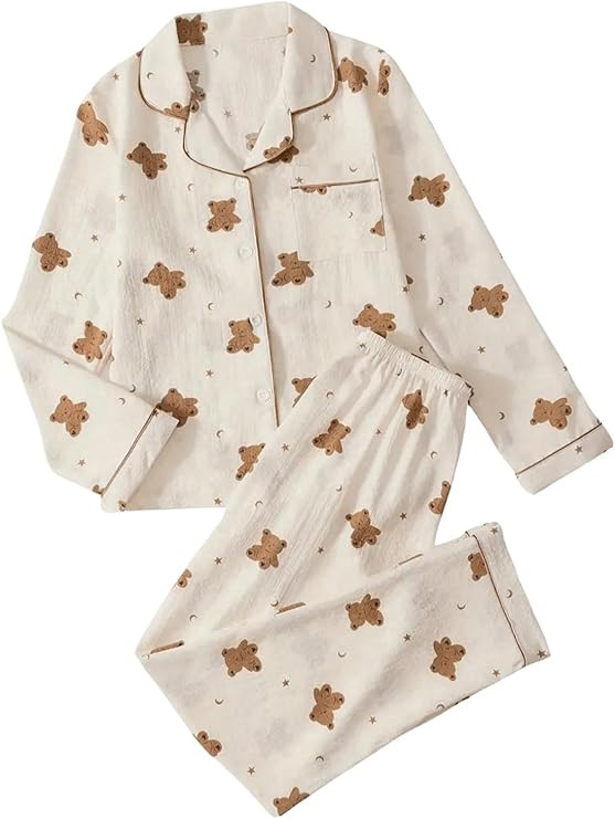 Women's 2 Piece Pj Set Cherry Print Pajama Long Sleeve Button Up Collar Tops and Pants Nightwear ... | Amazon (US)