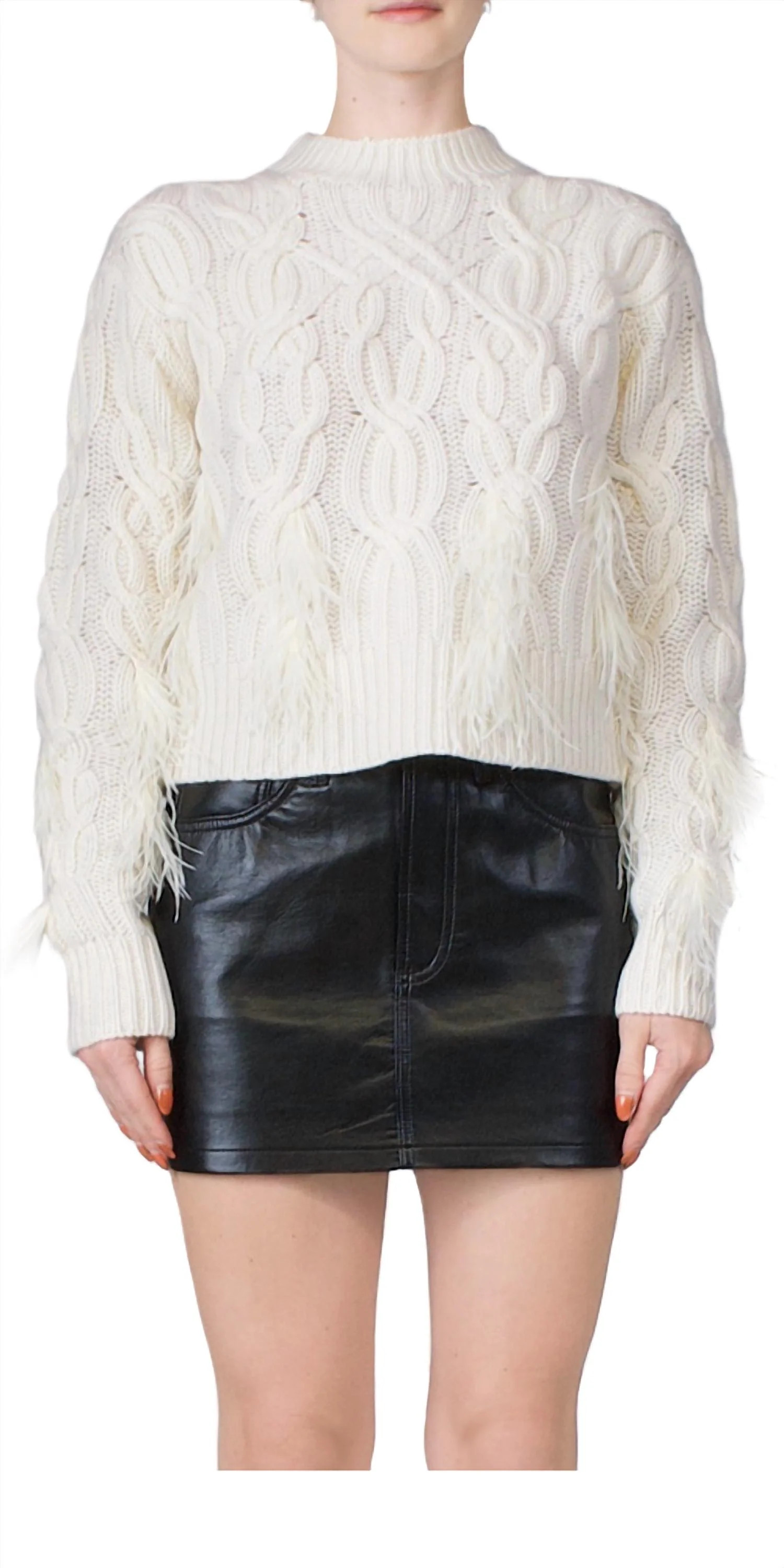 Feather Embellished Cable Sweater In Cream | Shop Simon