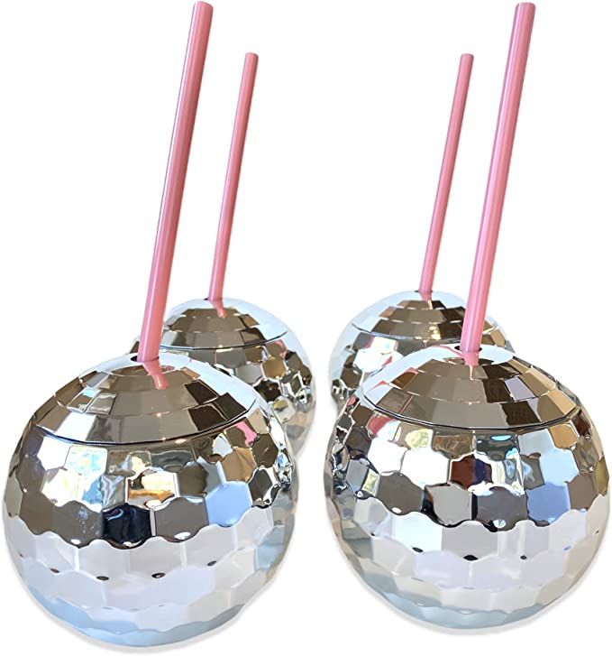 Disco Ball Cups Pink Straws - Set of 4 Silver 16oz Disco Party Cups with Lids and Reusable Pink S... | Amazon (US)