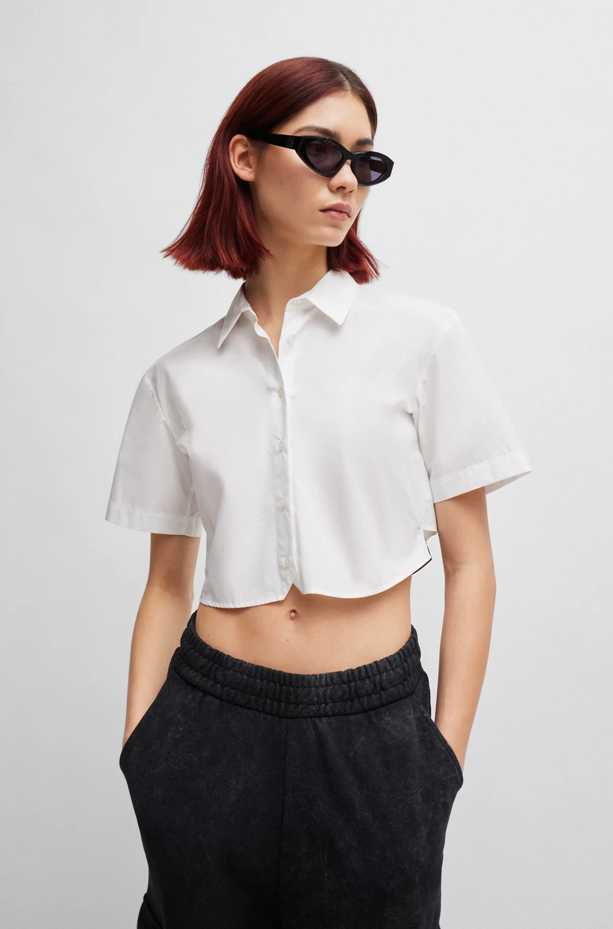 HUGO - Cropped regular-fit blouse with rear logo elastic | Hugo Boss (UK)