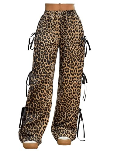 Milumia Women's Leopard Print Bow Tie Side Pants Low Rise Wide Leg Sweatpants | Amazon (US)