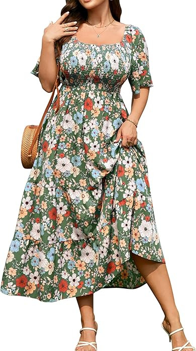 RWJ Women's 2026 Plus Size Summer Dress Short Sleeve Smocked Boho Wedding Guest Beach Vacation Fl... | Amazon (US)