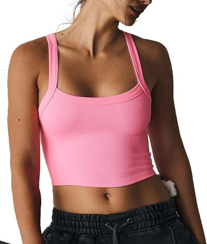 Bicondo Scoop Neck Cami Tank Top for Women Seamless Workout Tops Racerback Cropped Tops Ribbed Camisole Pink, XS/S | Amazon (US)