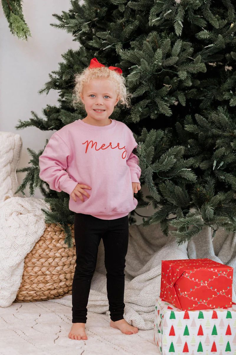 Kids Merry Script Light Pink Graphic Sweatshirt | The Pink Lily Boutique