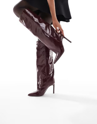 London Rebel Stella slouchy kitten heel knee boots in dark cherry | ASOS | ASOS (Global)