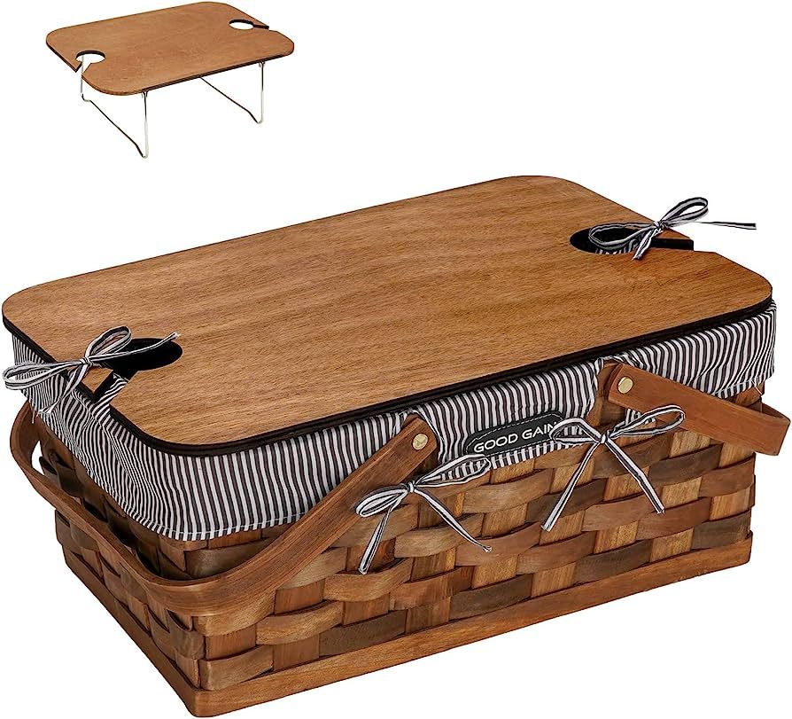 Woodchip Picnic Basket with Portable Wine Table, Woven Basket with 2 Swing Handles & Removable Li... | Amazon (US)