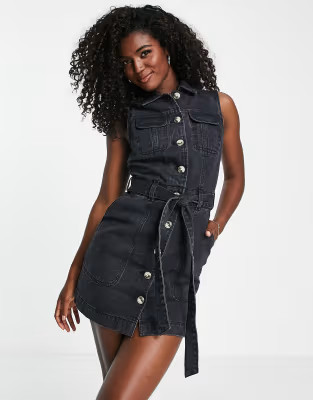 Miss Selfridge denim sleeveless button front belted dress in black | ASOS (Global)
