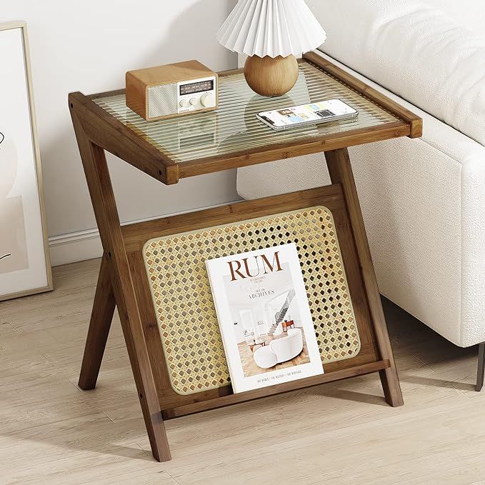 Bamworld Rattan Side Table, Boho Night Stand Glass Small End Tables Bamboo Bedroom Coffee Table w... | Amazon (US)