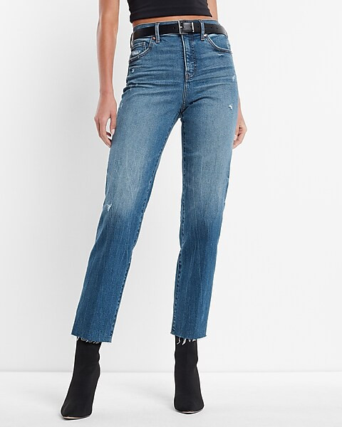 High Waisted Medium Wash Raw Hem Straight Ankle Jeans | Express