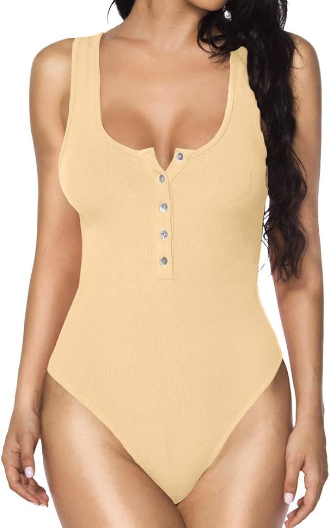 MANGOPOP Women's Scoop Neck Button Down Ribbed Sleeveless Tank Top Long Sleeve Bodysuits Jumpsuit... | Amazon (US)
