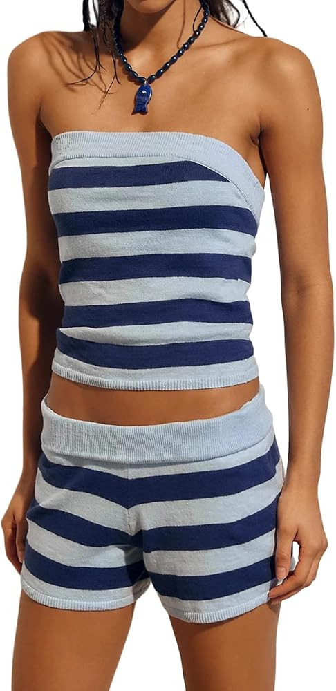 Womens Striped Tube Tops And Mini Shorts 2 Piece Knit Sweater Set Y2k Cute Strapless Badeau Retro... | Amazon (US)