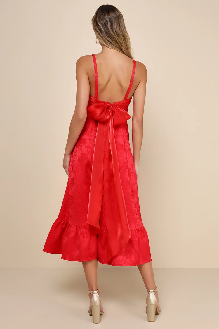 Major Perfection Red Floral Jacquard Midi Dress with Pockets | Lulus