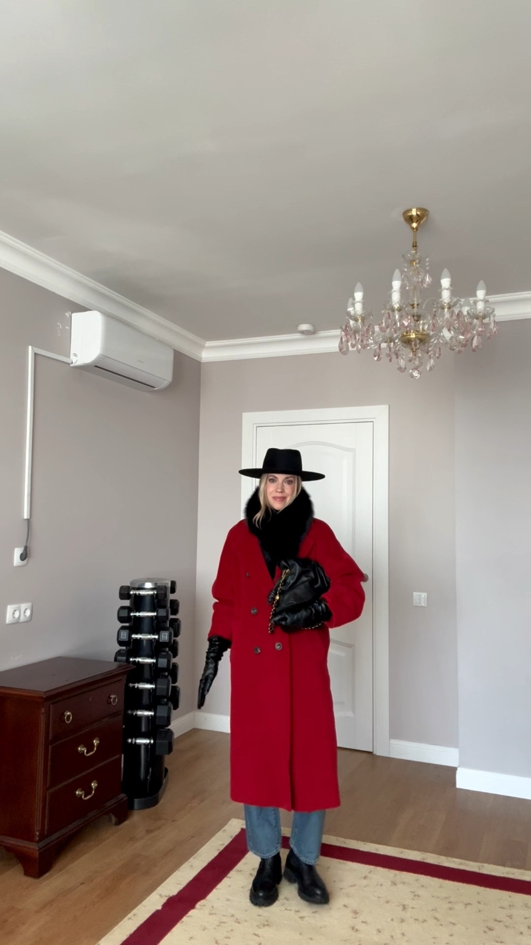 Red wool coat, GRWM, Zara straight leg jeans, black and red winter outfit, black wool hat, black leather gloves, Loewe Flamenco pouch handbag, style over 40

#LTKOver40 #LTKgrwm #LTKWorkwear