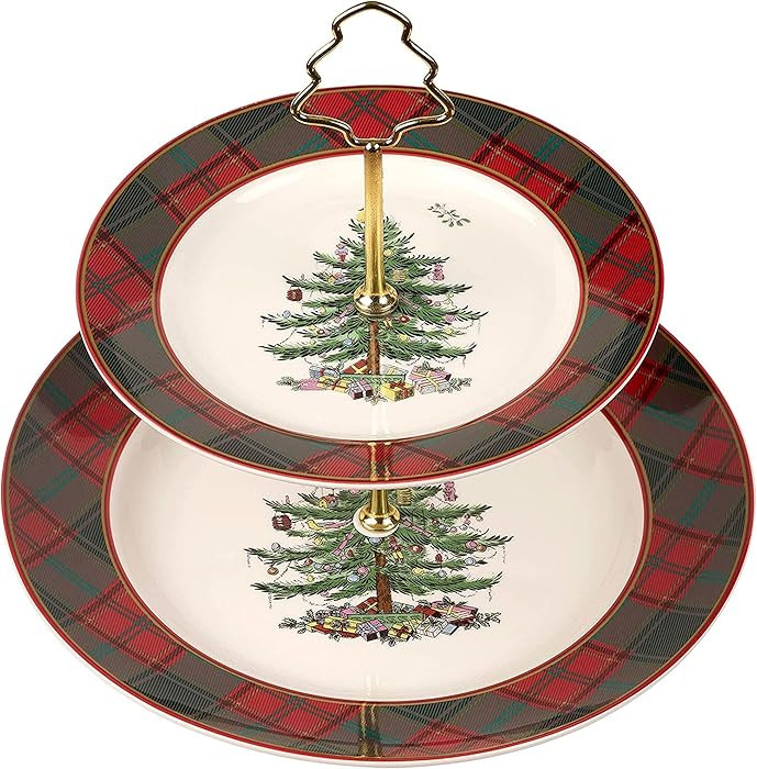 Spode Christmas Tree Tartan 2-Tiered Server, Holiday Cupcake Stand, Dessert Display Set, Earthenw... | Amazon (US)