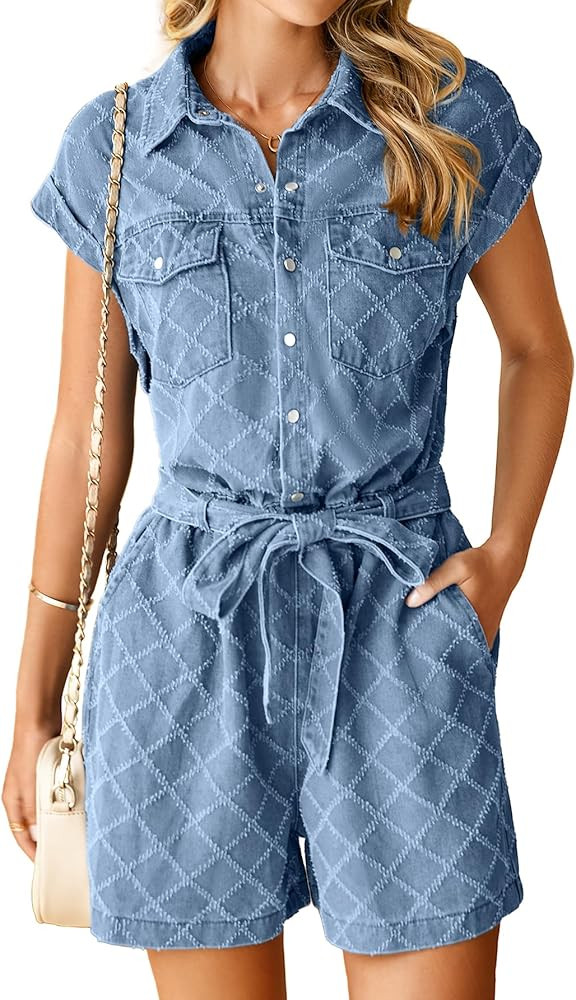Simplee Womens 2025 Denim Romper Casual Short Sleeve Cargo Jean Romper Overall Shorts With Pocket... | Amazon (US)