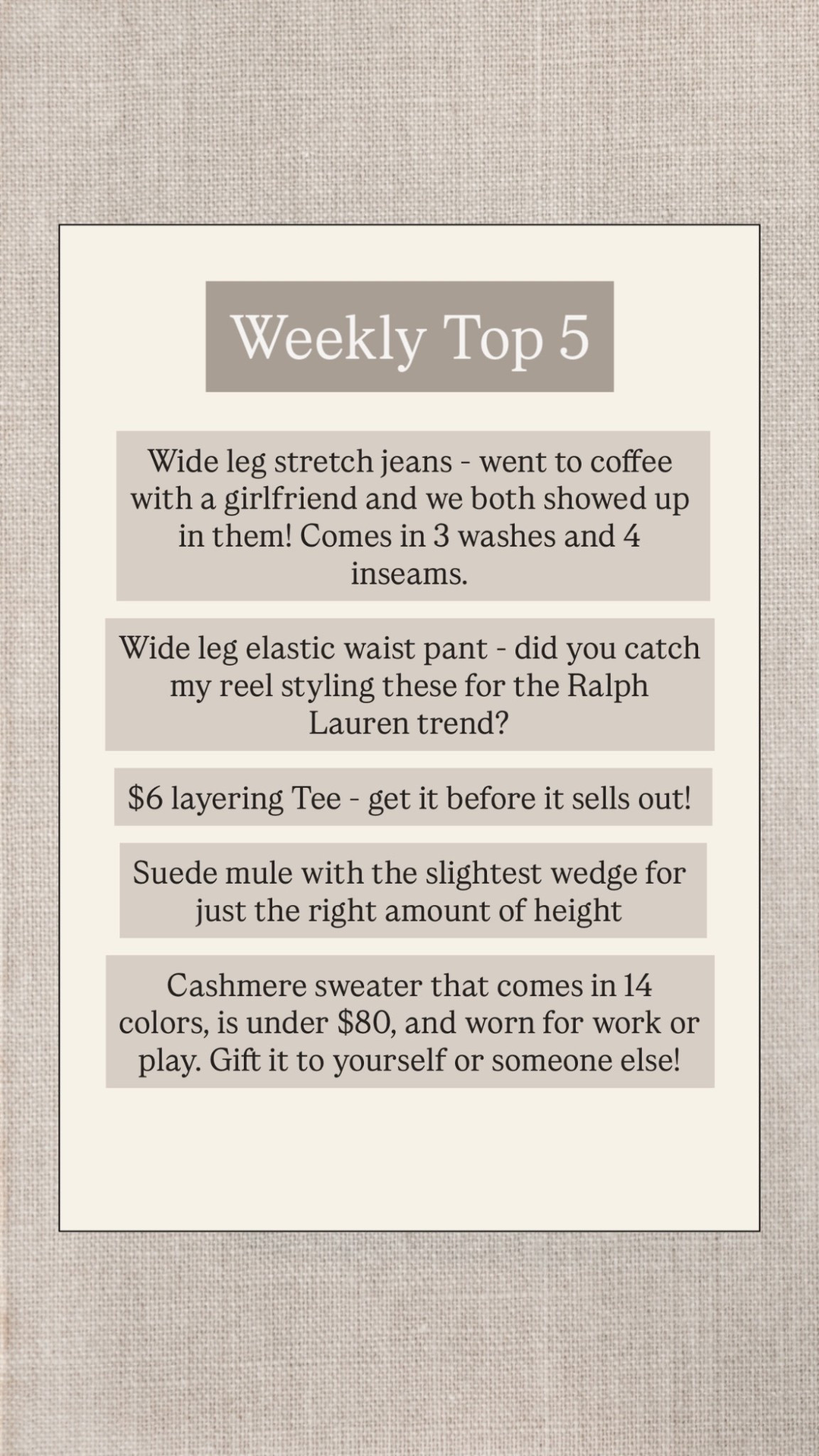 Some of the best seasonal best sellers this week! Priced high and low but all great quality and in my personal closet. 

Denim 
Ralph Lauren trend 
Basics 
Suede mules 

#LTKSeasonal #LTKShoeCrush #LTKStyleTip