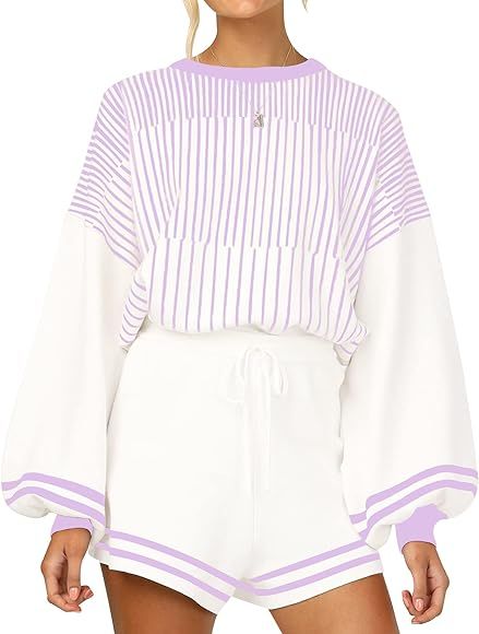Gihuo Women' s Striped 2 Piece Outfits Crewneck Knit Pullover Sweater Shorts Set | Amazon (US)
