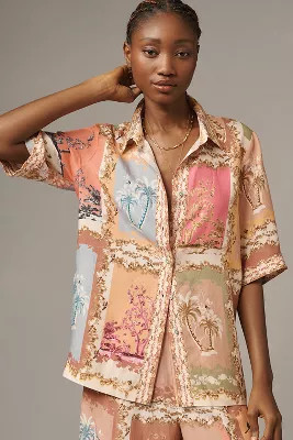 Ranna Gill Tropical Print Linen Collared Blouse | Anthropologie (US)