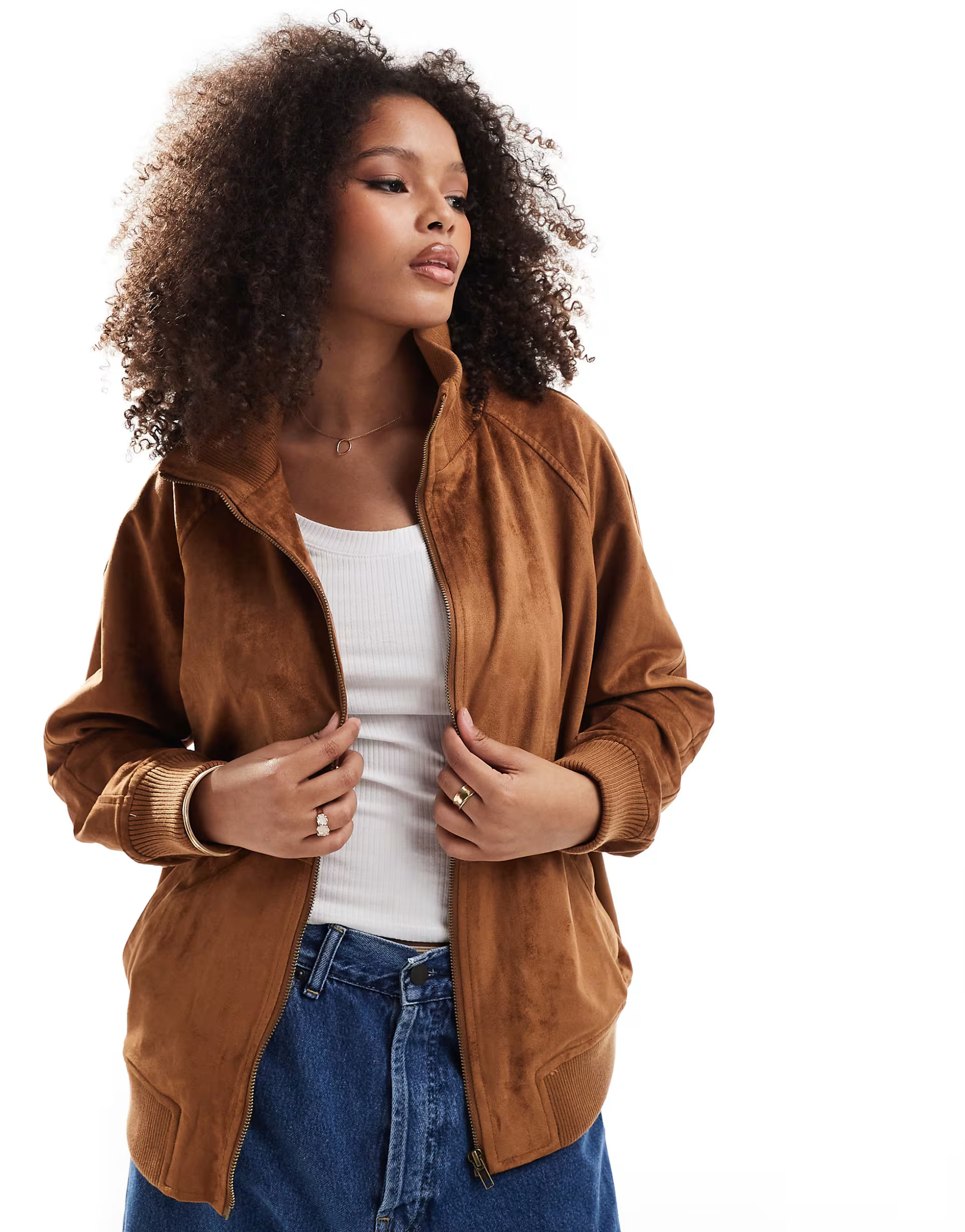 ASOS DESIGN suedette funnel neck bomber jacket in tan | ASOS | ASOS (Global)