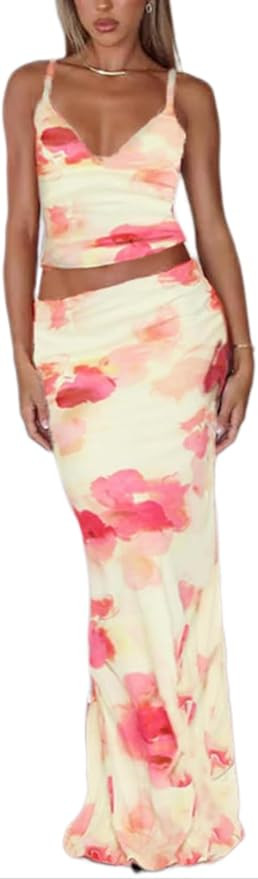 ksotutm Maxi Skirt Set Floral Print Halter Top Maxi Skirt Sexy Going Out Outfits for Women | Amazon (US)