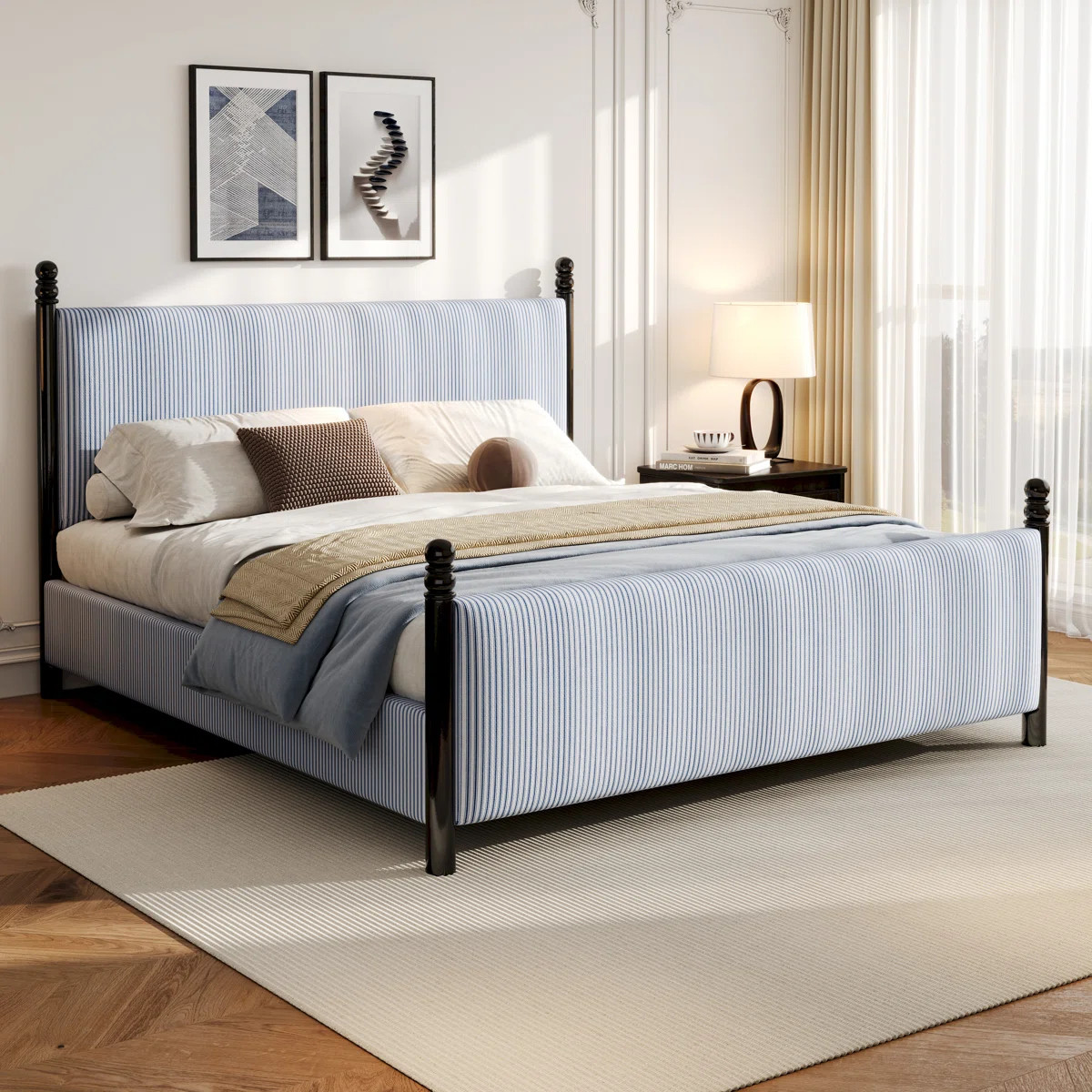 Tove Striped Upholstered Bed with High Headboard & Rubberwood Frame | Wayfair North America