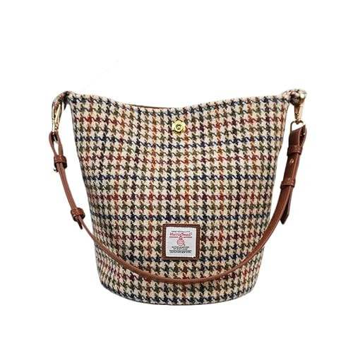 Harris Tweed Bucket Bag Shoulder Bag Handbag for Women with Leather Strap, 9.4 [measured with top closed] x 7 inch [Bottom], 8.2 inch [height], Handcrafted Product (No.614 Houndtooth) | Amazon (US)