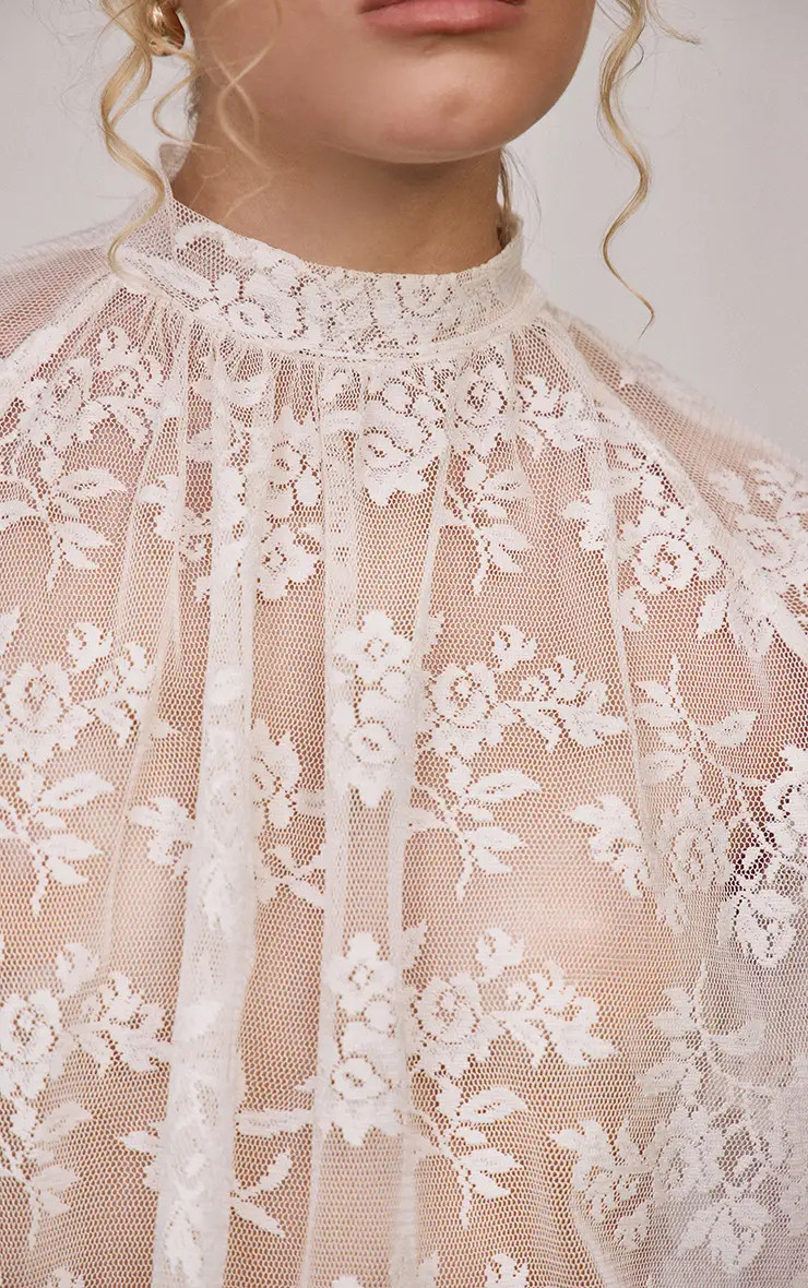 Cream Lace High Neck Ruffle Sleeve Blouse Co-ord | PrettyLittleThing USA | PrettyLittleThing US