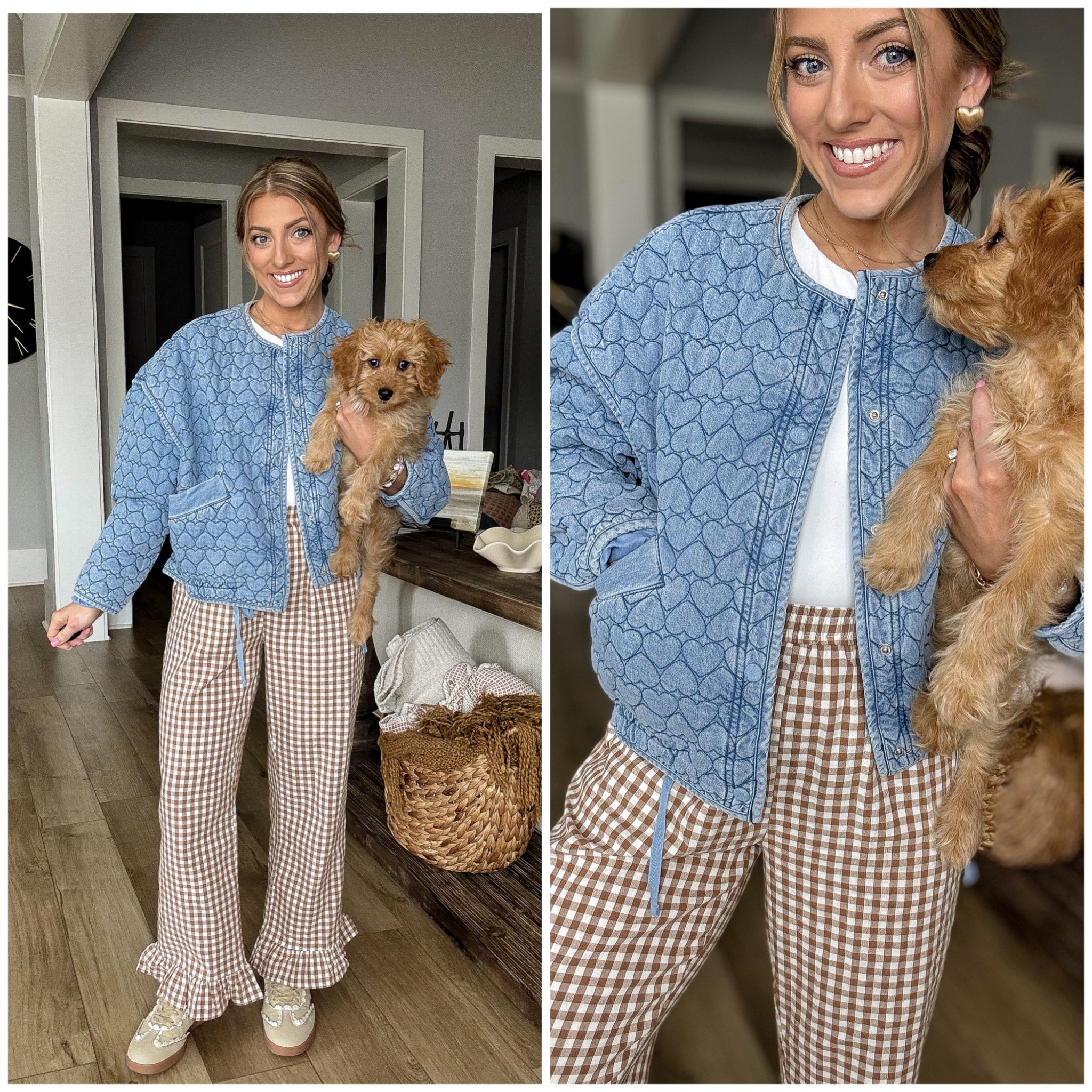 Today’s outfit of the day is all about comfortable everyday style with fun details 🤍
These Amazon gingham pull-on pants are such a good find — lightweight, stretchy, and the ruffle hem adds the cutest feminine touch. They’re easy to dress up or down and perfect for school drop-off, errands, or casual days at home.

I paired them with my go-to Amazon sneakers for an effortless, comfy look I can wear all day. This quilted heart jacket is from Marshall’s, but I’m linking similar quilted heart jackets that give the same cozy, elevated vibe. It’s the perfect layer for transitional weather and adds such a fun statement to a simple outfit.

Easy, comfortable, and cute — my favorite kind of outfit 💙🐾

#ootd #amazonfashion #amazonfinds #ginghampants #pullonpants #rufflehempants #casualoutfit #everydayoutfit #comfortablestyle #affordablefashion #quiltedjacket #heartjacket #sneakerstyle #momstyle #casualchic #springoutfit #weekendstyle