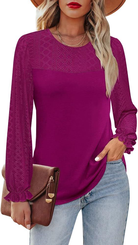 Kikula Women's Puff Long Sleeve T Shirts Casual Dressy Eyelet Crewneck Tunic Tops Blouse | Amazon (US)