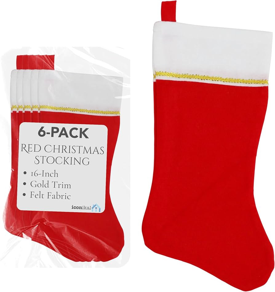 Iconikal 6-Pack Felt Christmas Stocking, White & Red with Gold Trim, 18-Inch Long | Amazon (US)