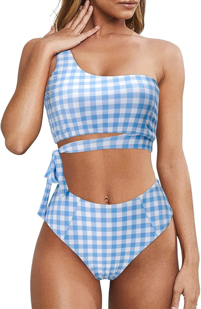 MOOSLOVER Women One Shoulder High Waisted Bikini Tie High Cut Two Piece Swimsuits | Amazon (US)