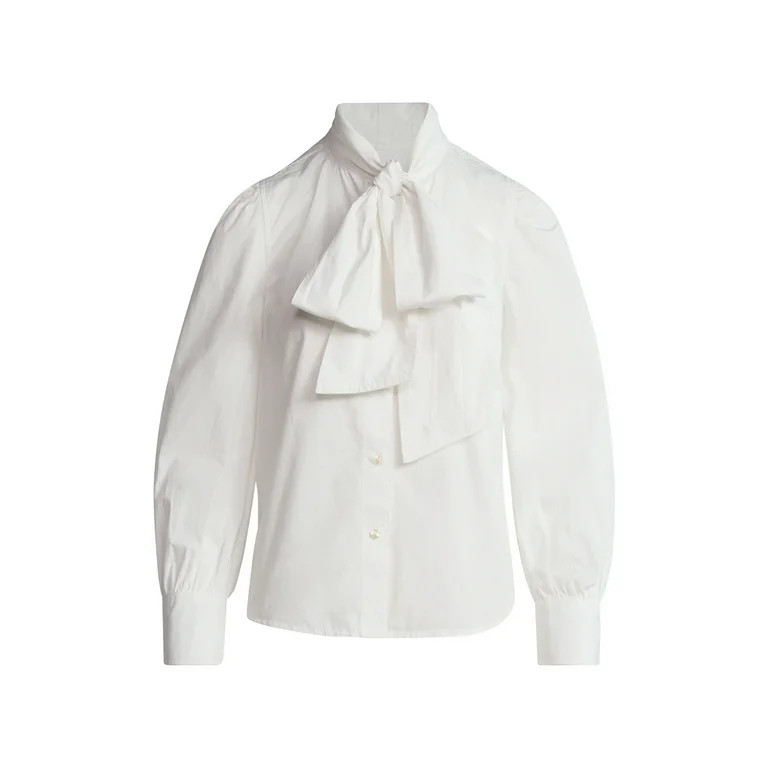 Free Assembly Women's Cotton Tie Neck Blouse with Long Puff Sleeves, Sizes XS-XXL - Walmart.com | Walmart (US)