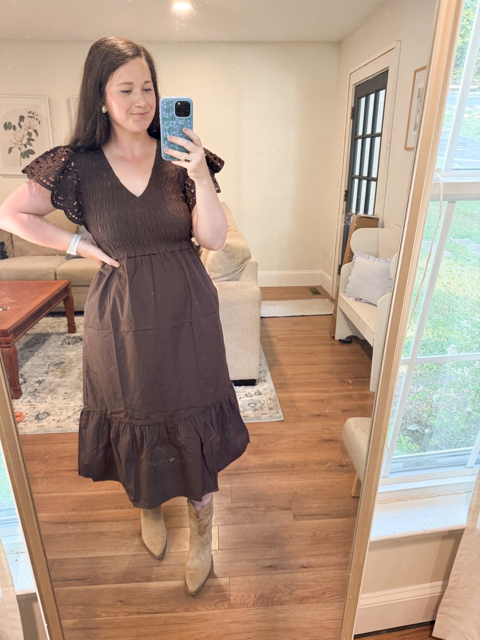 Fall outfit. Fall boots fall dress brown