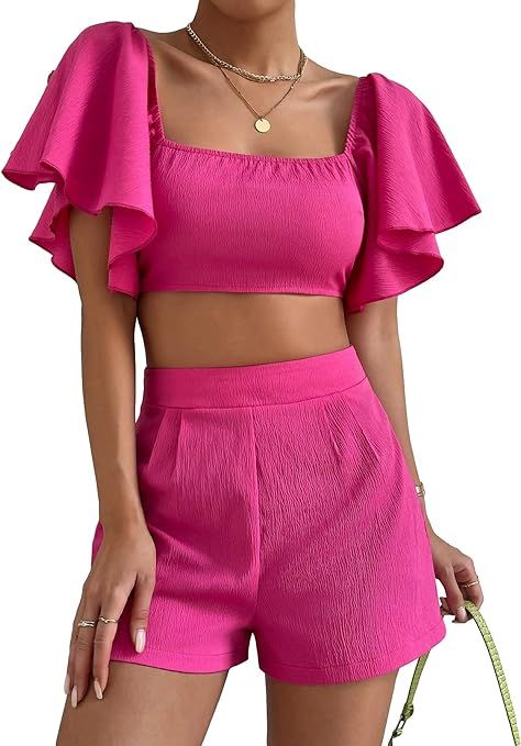 Floerns Women's 2 Piece Outfit Square Neck Butterfly Sleeve Crop Top and Shorts Set | Amazon (US)