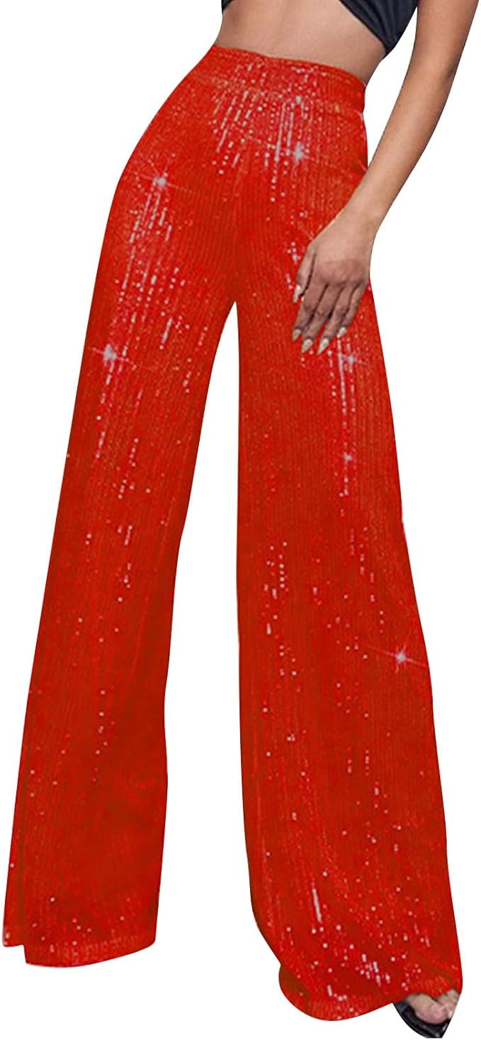 Sequin Pants Women Fashion High Waist Pant Sparkly Wide Leg Trousers Elastic Loose Side Zipper Sh... | Amazon (US)