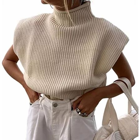 Women’s Knit Sweater Vest Turtleneck Sleeveless Knitted Tank Tops Shoulder Pads Fall Winter Knitwear | Walmart (US)