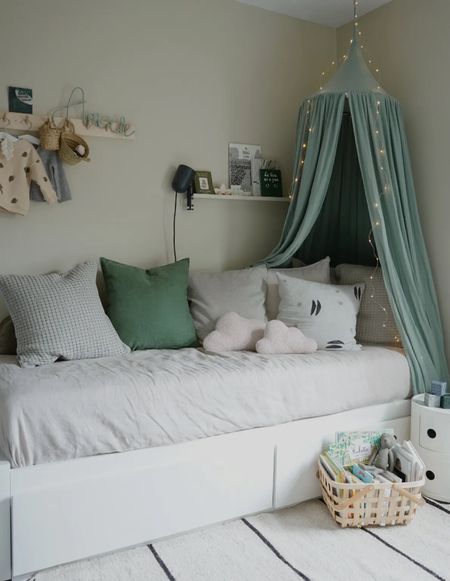 A cosy day bed in our neutral nursery doubles up as a place for story time during the day and a bed for guests at night 💫

#neutralnursery #kidsdecor #genderneutral #greennursery #scandinaviandesign #scandistyle

#LTKhome #LTKbaby #LTKfamily