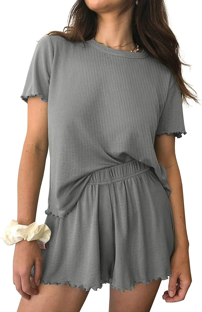 Ekouaer Womens Pajamas 2 Piece Ribbed Knit Pjs Short Sleeve Sleepwear Set Summer Soft Pajamas Set... | Amazon (US)