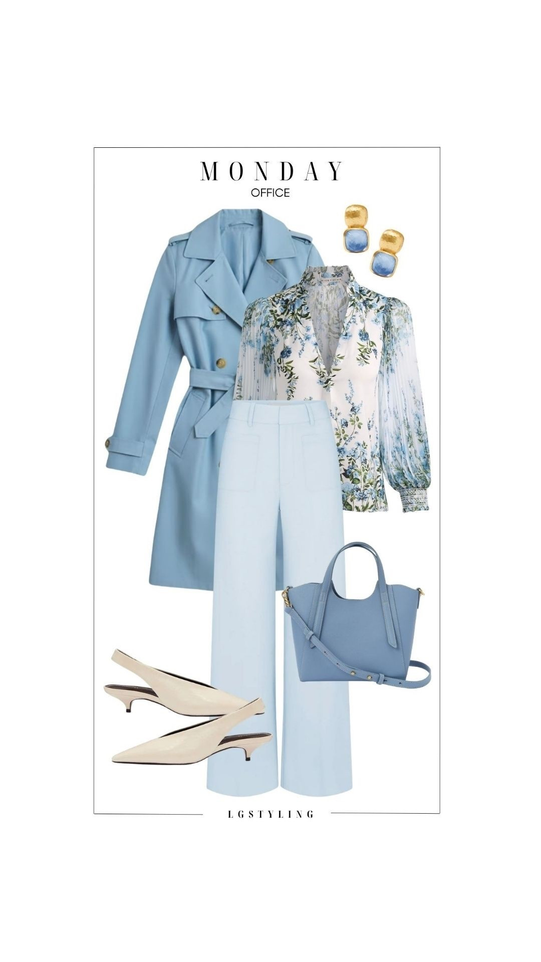 MONDAY – Office

Soft tailoring meets feminine polish. A powder blue trench layered over a romantic floral blouse keeps this office look elevated yet approachable. The wide-leg trousers elongate the silhouette, while cream slingbacks soften the palette. Finished with a structured blue bag and gold statement earrings for a refined, monochromatic moment.
#LTKWorkwear #LTKOfficeStyle #LTKSpringStyle #LTKChic #WorkwearOutfits #SpringWorkwear #NeutralStyle #ElevatedBasics #PersonalStylist

 

#LTKgrwm #LTKootd