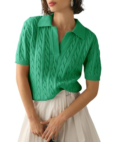Imily Bela Women's Cable Short Sleeve Sweaters Tops Solid Lapel V Neck Knit Casual Soft Pullover ... | Amazon (US)